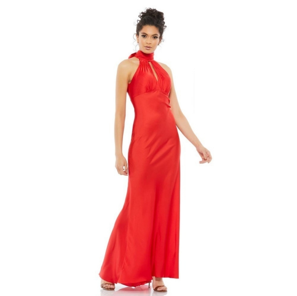 Nwt Mac Duggal Red Keyhole Halter Empire Waist Satin Gown 49520
